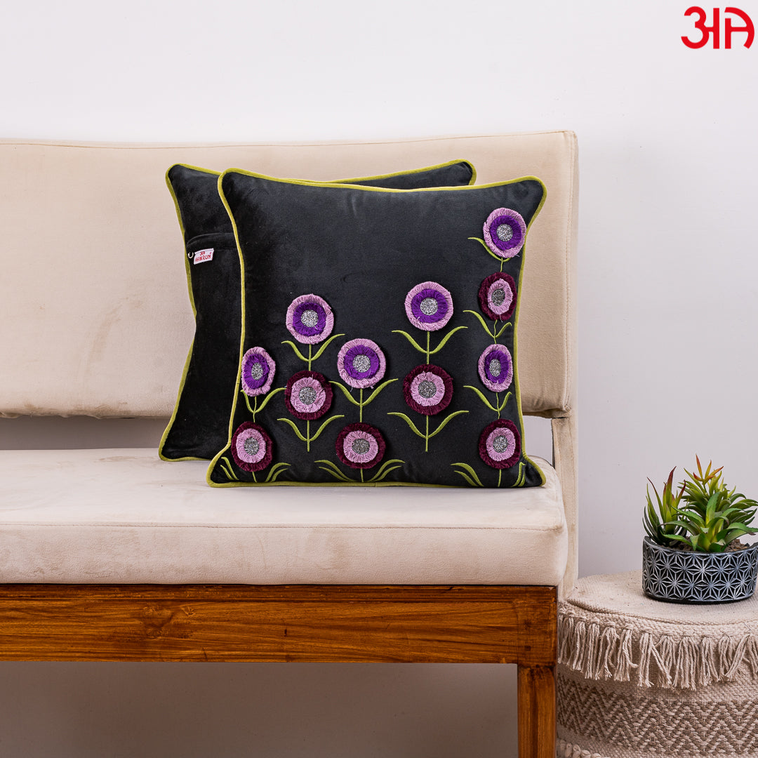 Floral Embroidered Cushion Cover Purple2