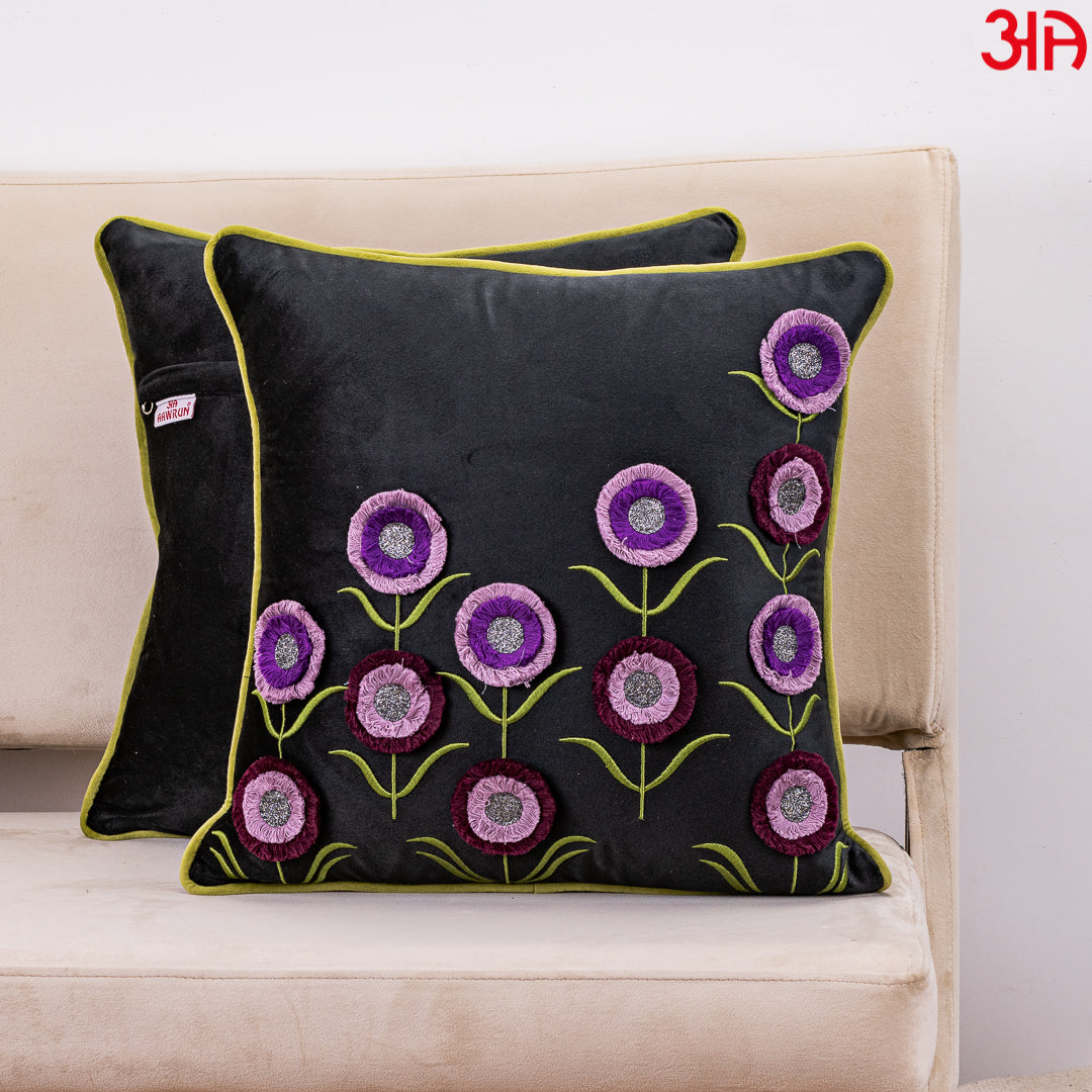 Floral Embroidered Cushion Cover Purple