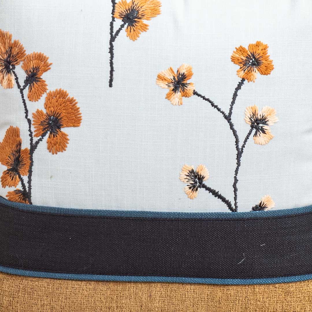 White Cotton 16x16 Cushion Cover with Orange Floral Embroidery