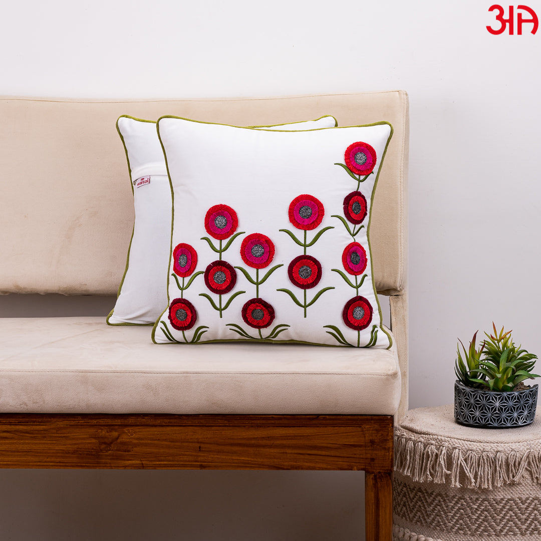 Floral Embroidered Cushion Cover White red2