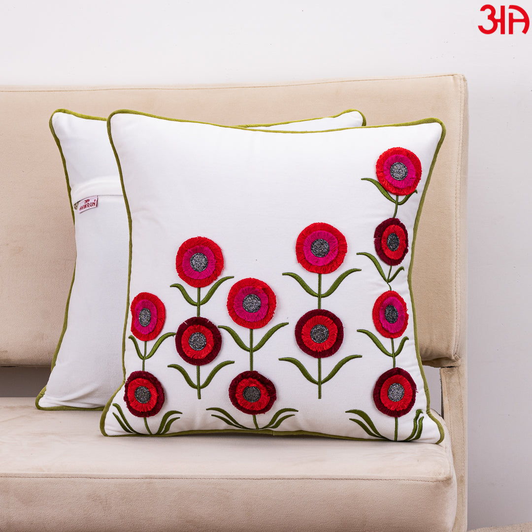 Floral Embroidered Cushion Cover White red