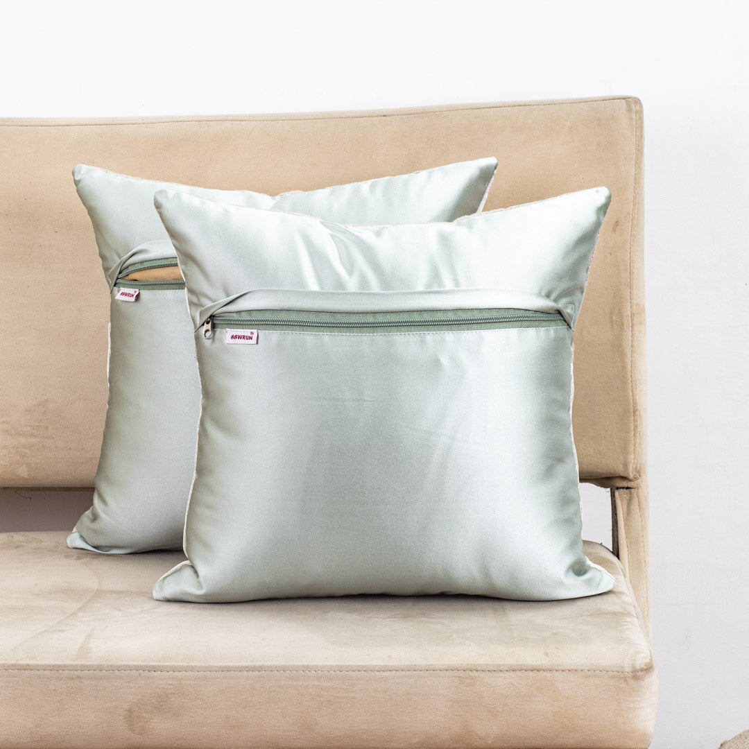 16x16" Panel Design Cotton Jacquard Decorative Cushion Cover in Cream-Green