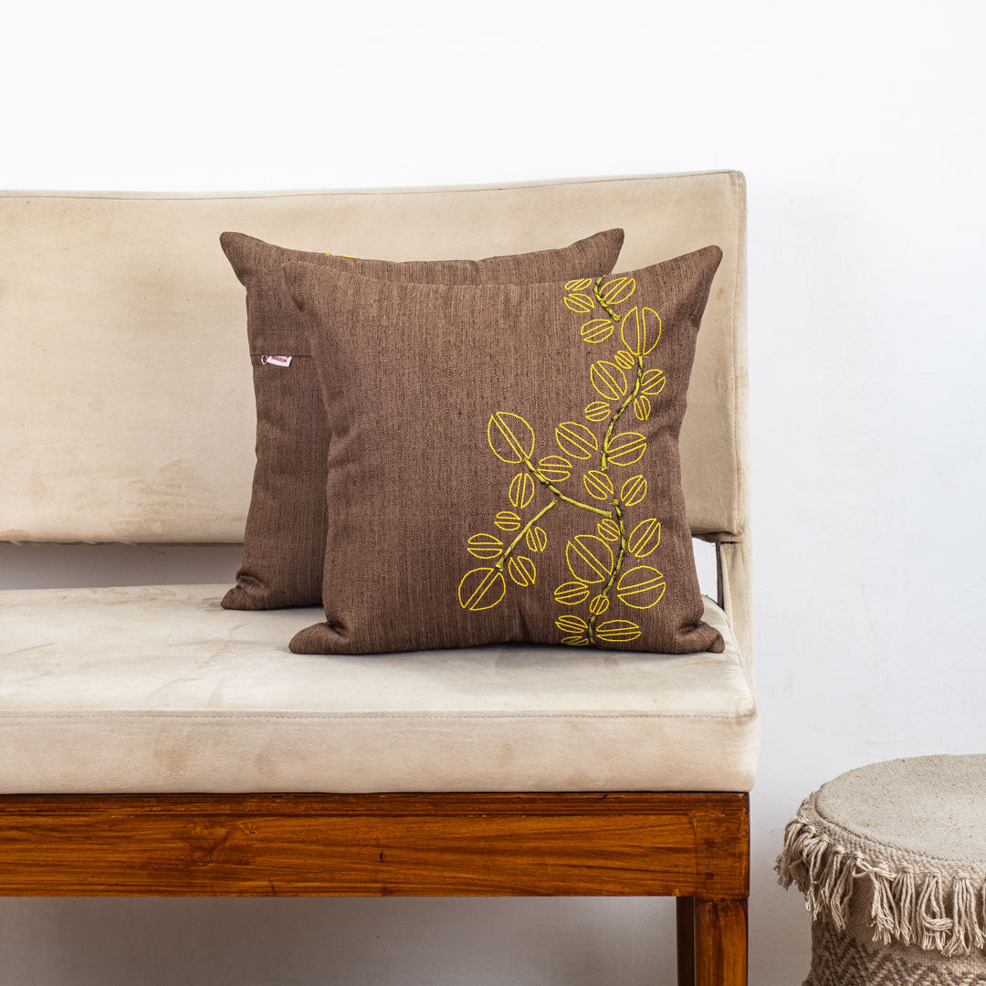 Brown Polyester Cotton 16x16 Cushion Cover with Yellow Leaf Embroidery