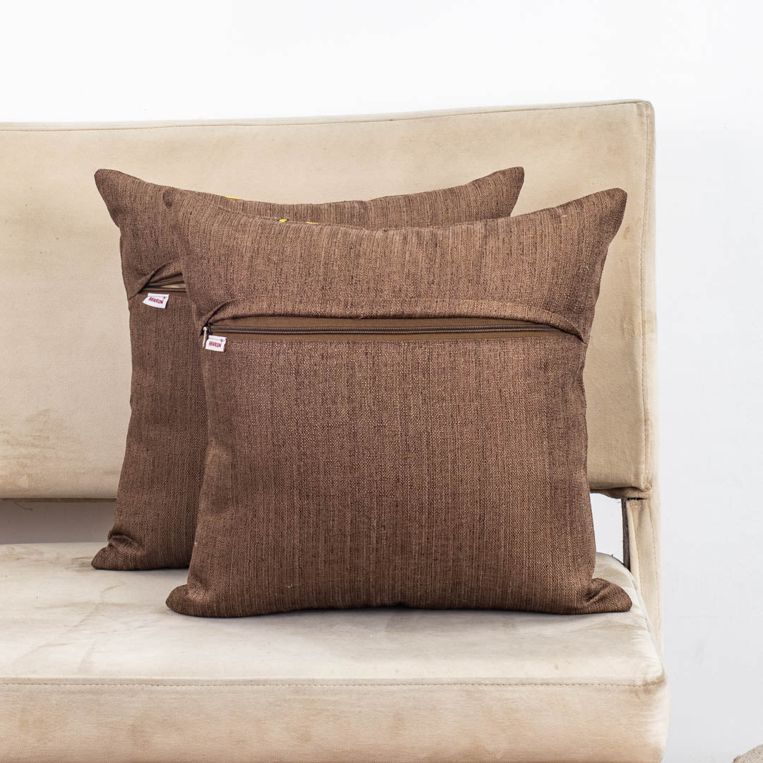 Brown Polyester Cotton 16x16 Cushion Cover with Yellow Leaf Embroidery