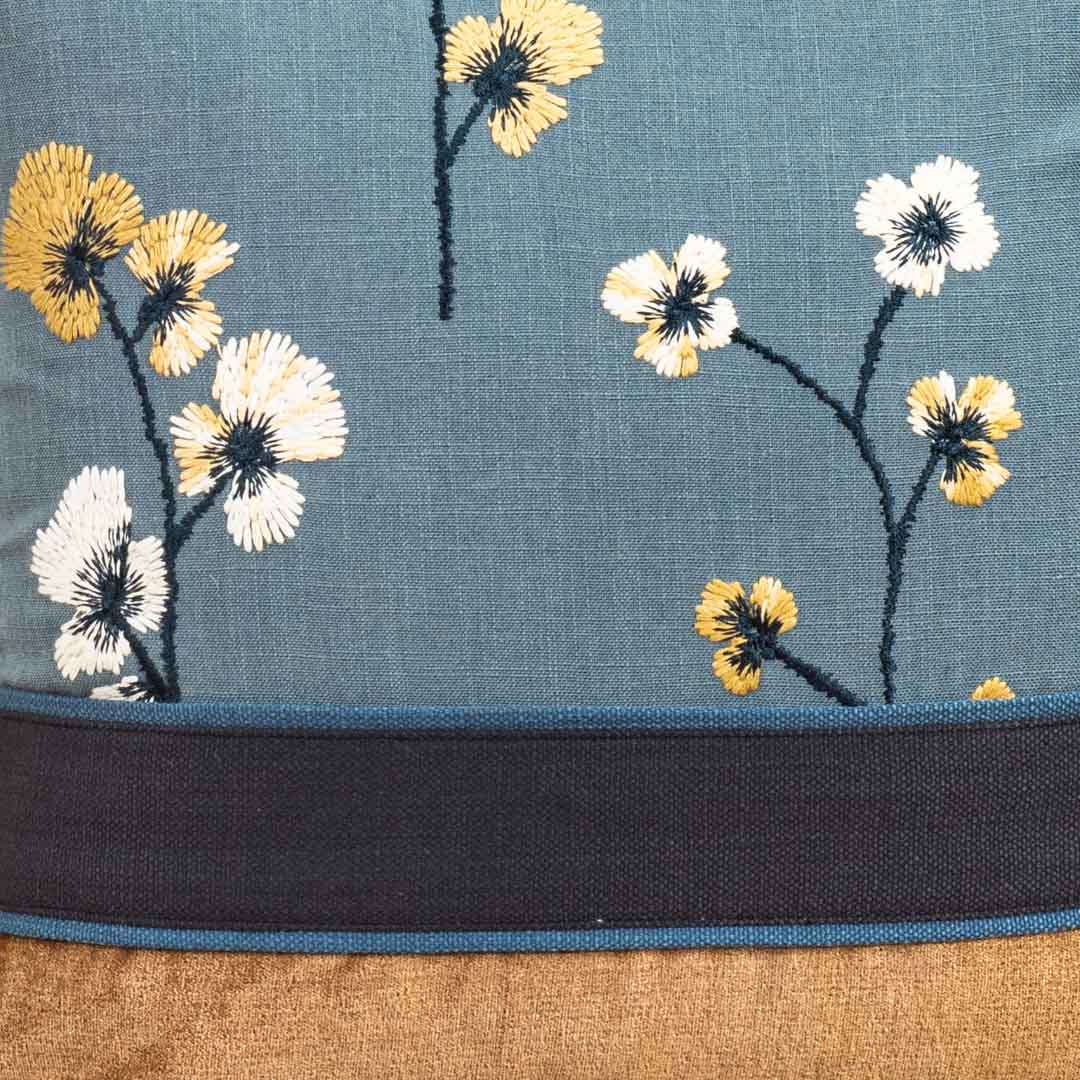 Dual Tone Blue Yellow Cotton Cushion Cover 16x16 Floral