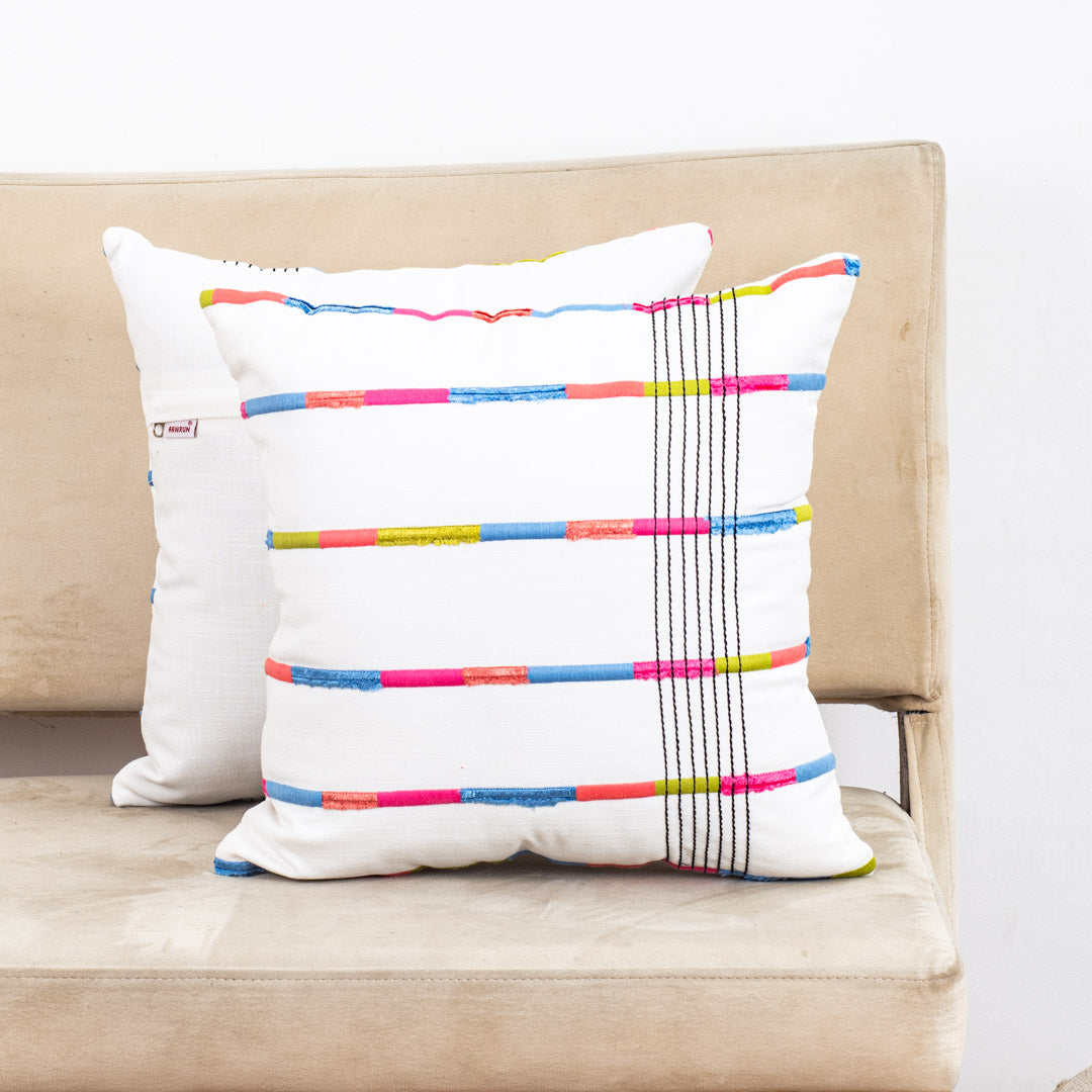 Off-White Cotton Cushion Cover with Multicolored Horizontal Stripes (16x16")