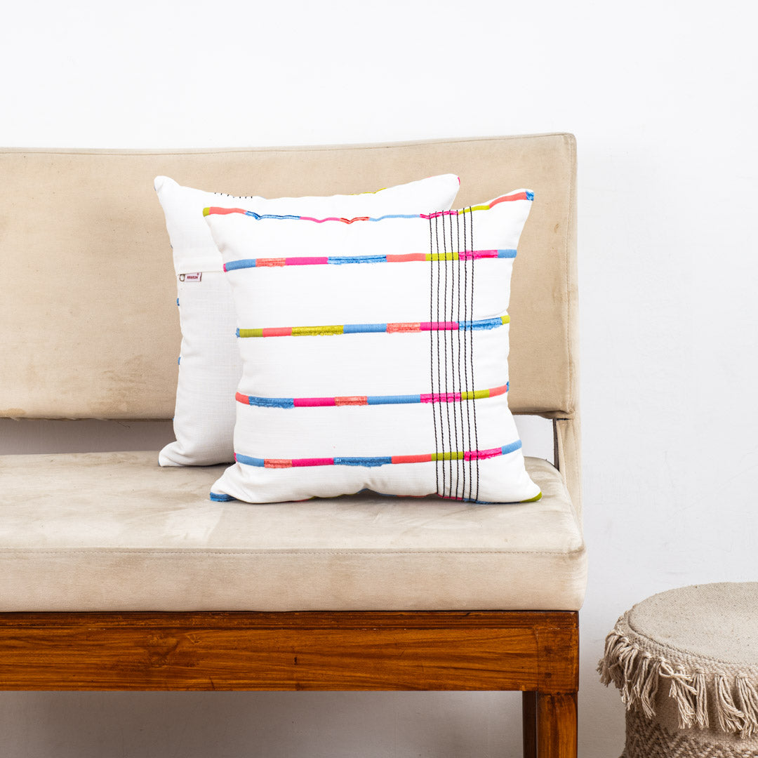 Off-White Cotton Cushion Cover with Multicolored Horizontal Stripes (16x16")
