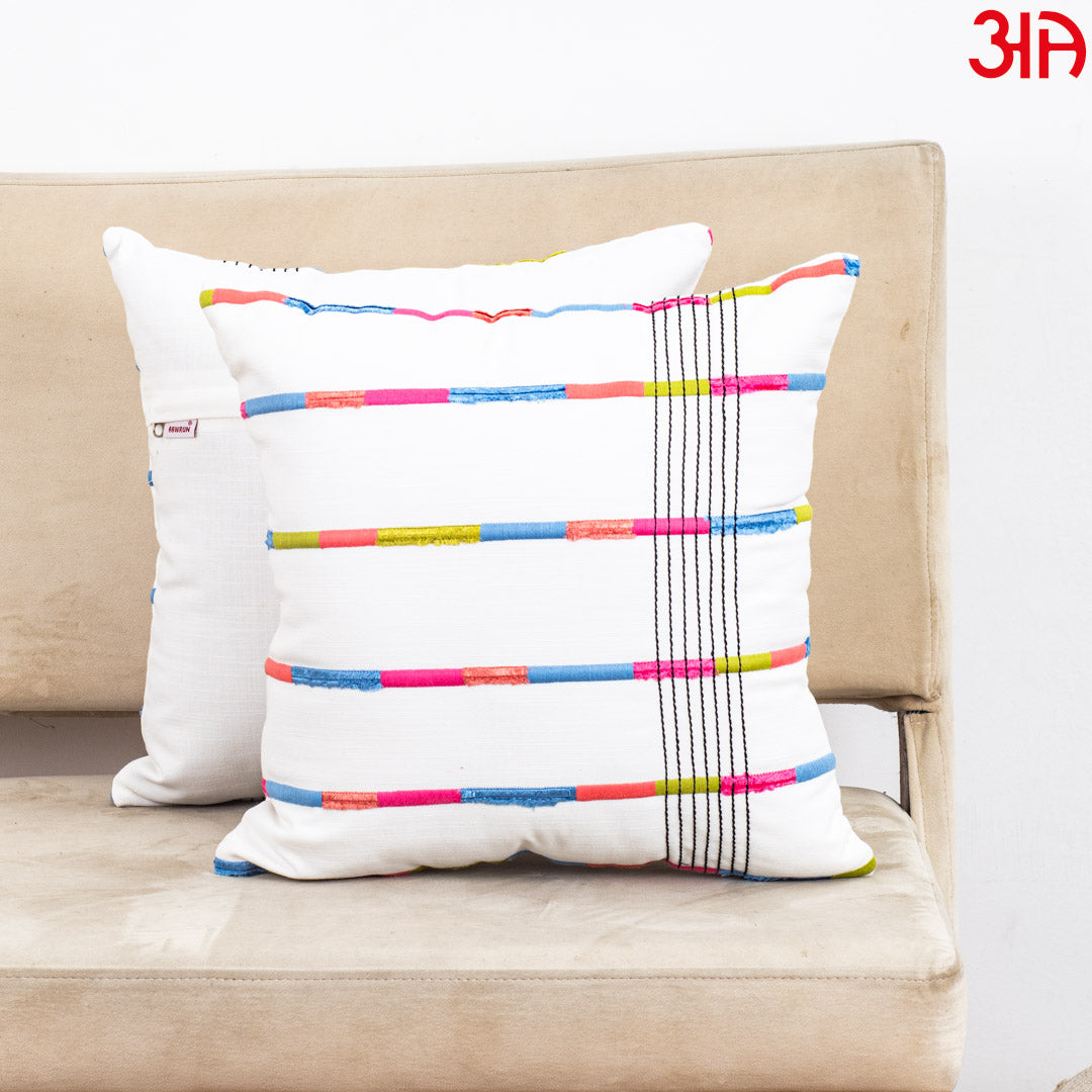 Off-White Cotton Cushion Cover with Multicolored Horizontal Stripes (16x16")