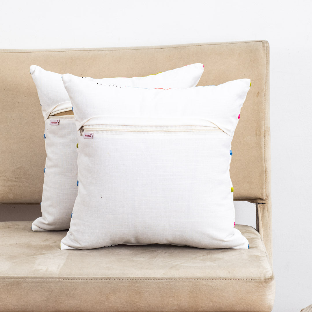 Off-White Cotton Cushion Cover with Multicolored Horizontal Stripes (16x16")