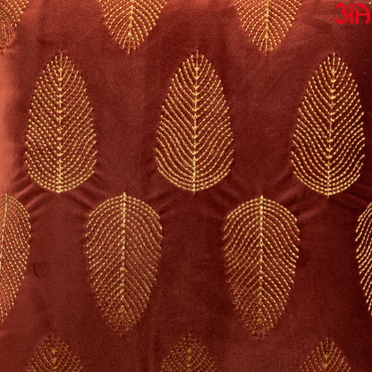 Gold Embroidered Leaf Cushion Cover Rust3