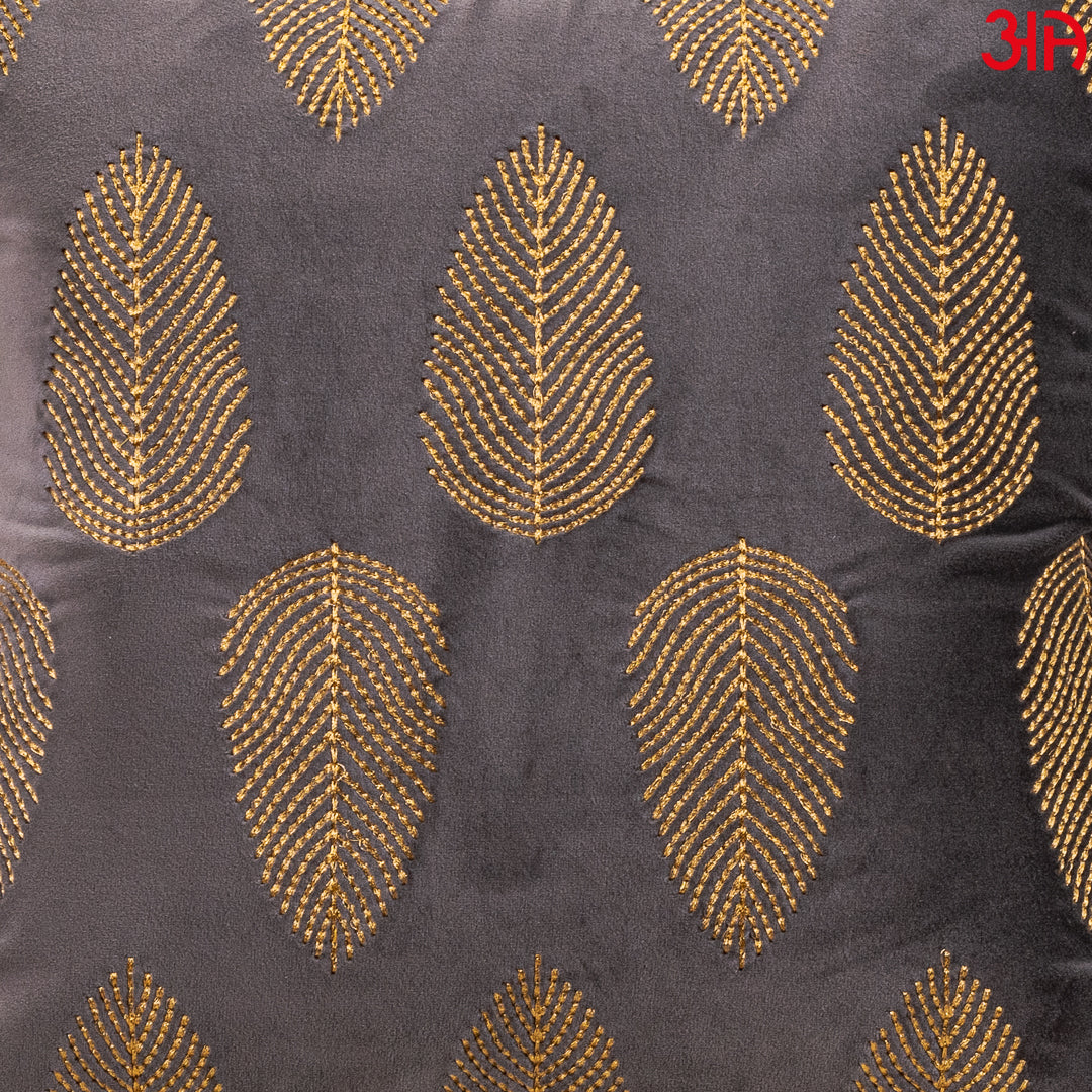 Gold Embroidered Leaf Cushion Cover Grey3