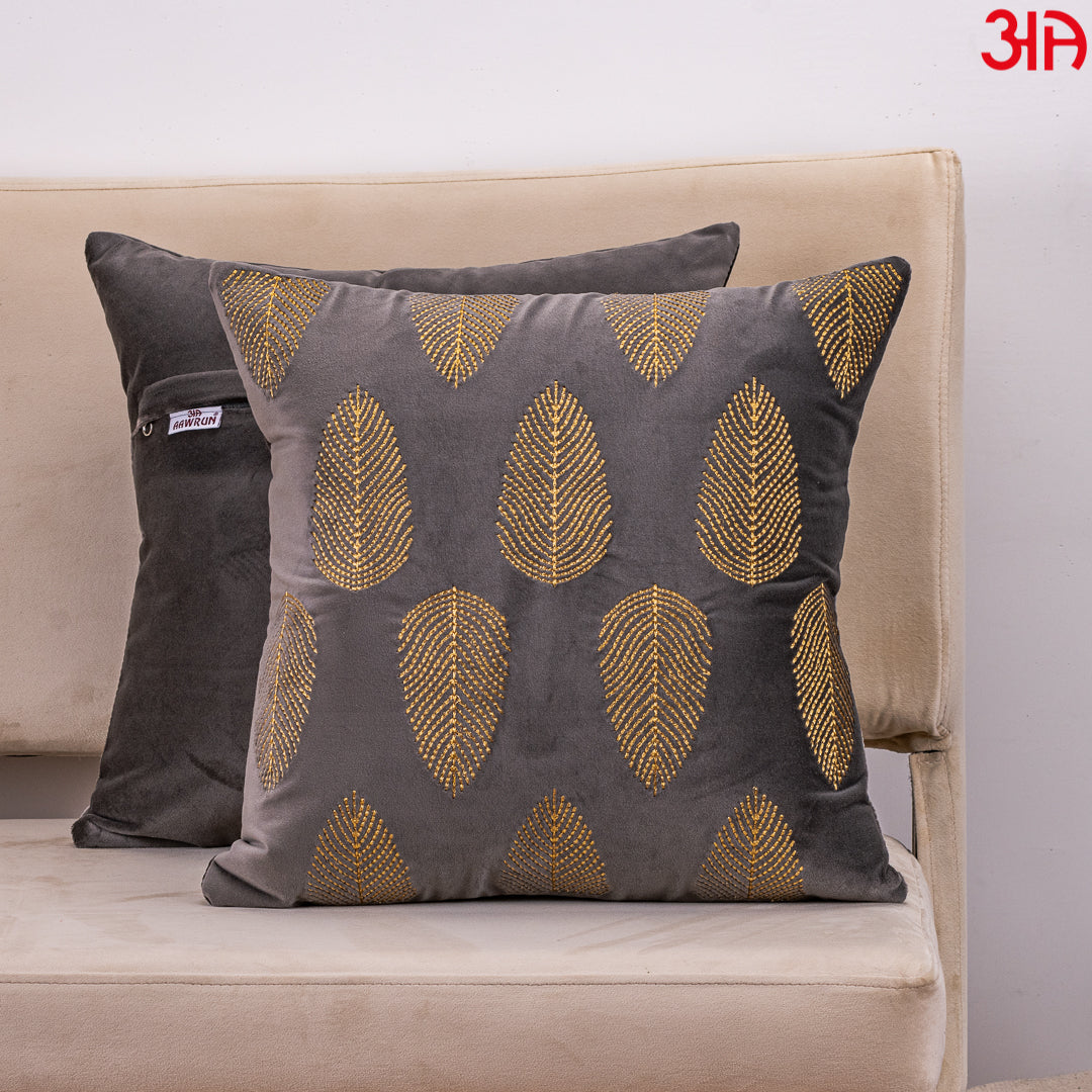 Gold Embroidered Leaf Cushion Cover Grey