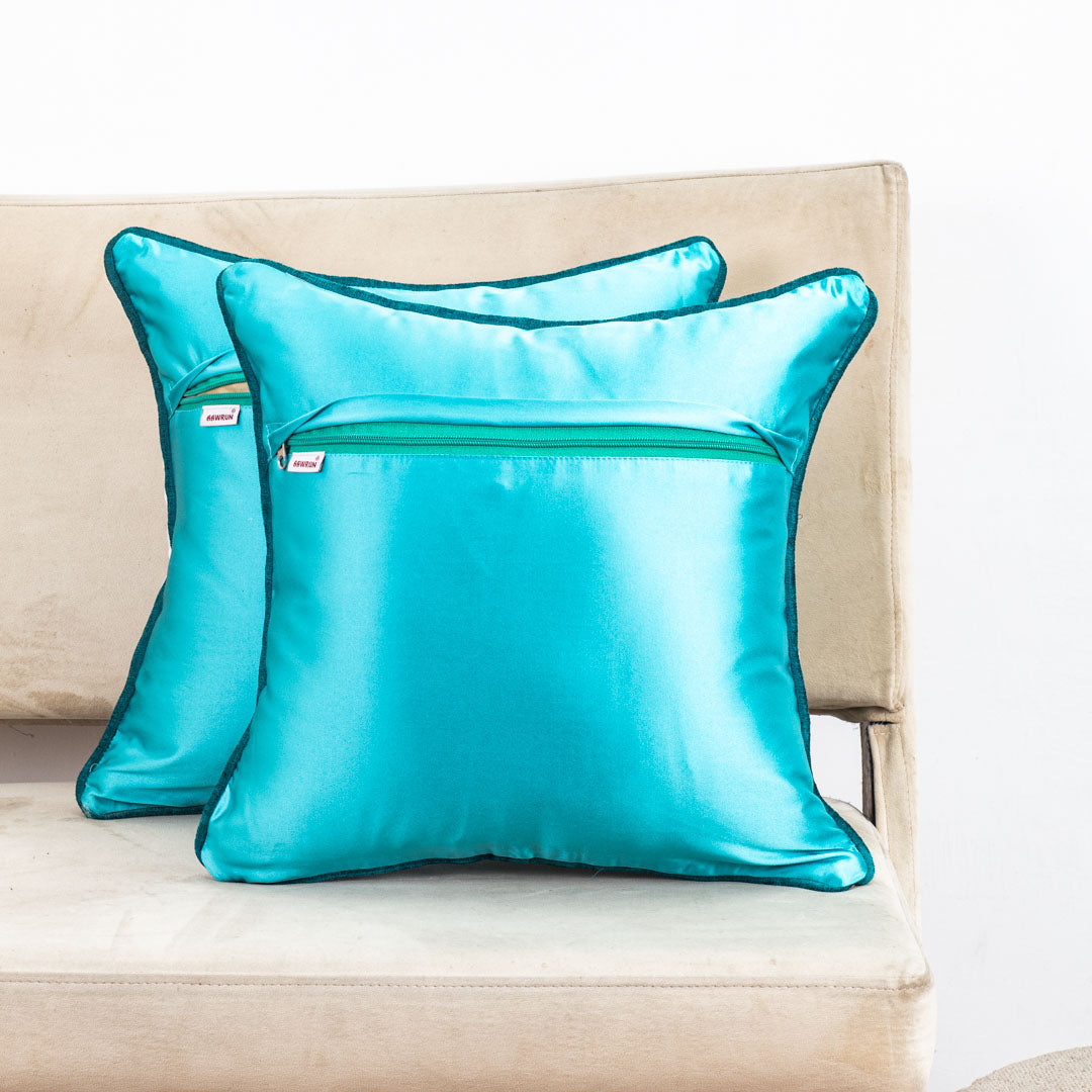 Aqua Blue Cotton 16x16 Cushion Cover with White Geometric Cutout Overlay