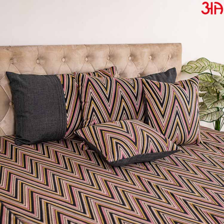 Black Cotton King Size (100x108)-Inch With Abstract Work Bedcover Set (1+2+2)