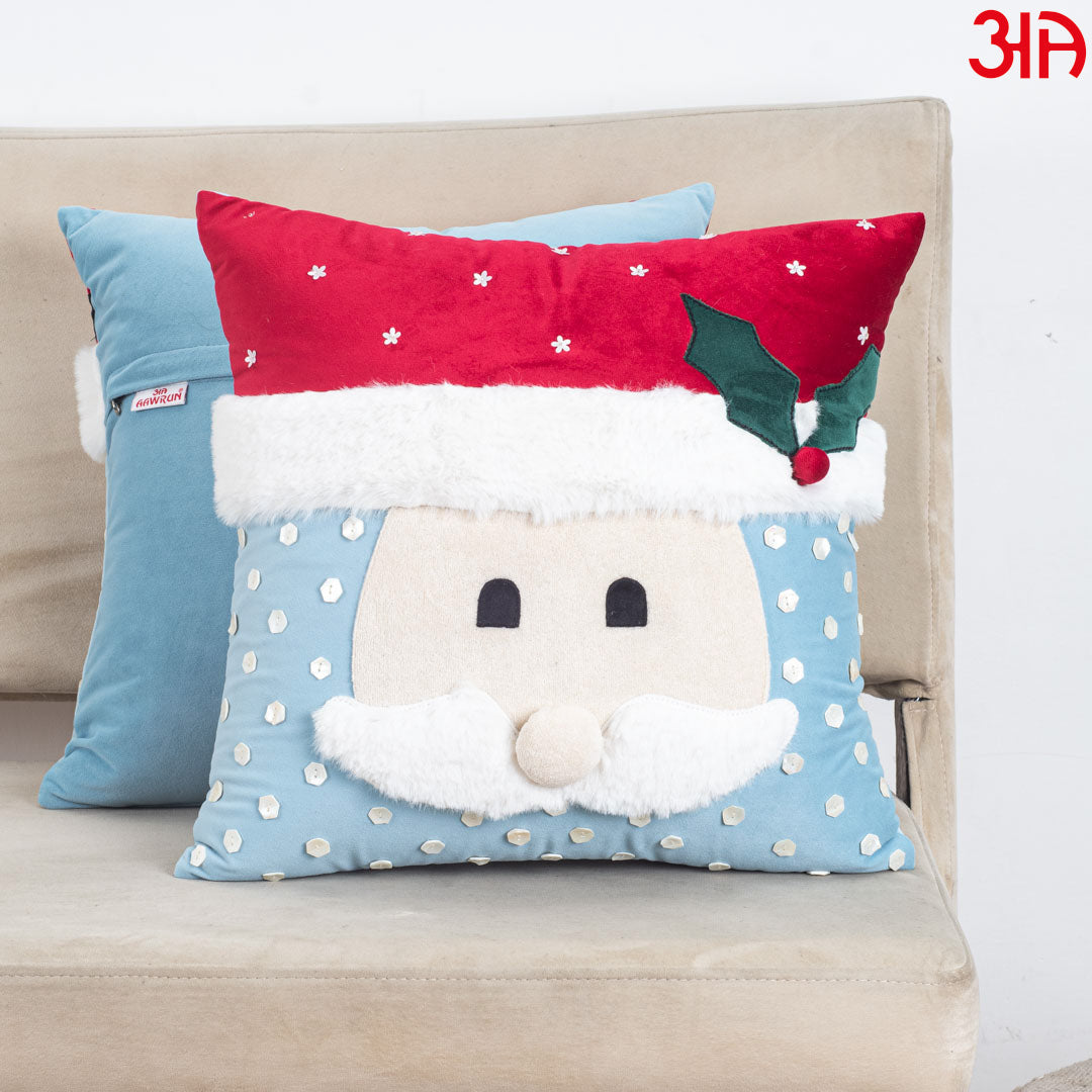 Blue-White Santa Face Cushion – 16×16 Fur & Velvet Fabric
