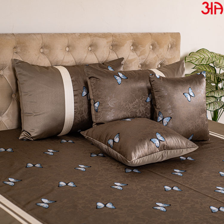 Brown Self Design King Size (100x108)-Inch With Butterfly Bedcover Set (1+2+2)