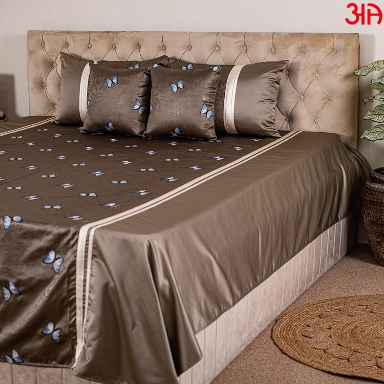 Brown Self Design King Size (100x108)-Inch With Butterfly Bedcover Set (1+2+2)