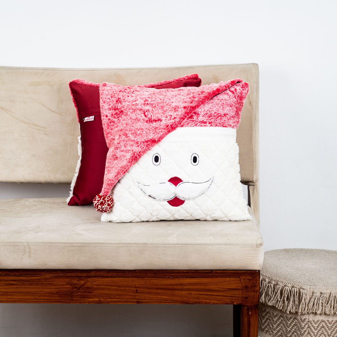 Red-White Santa Face Cushion – 16×16 Fur & Velvet Fabric