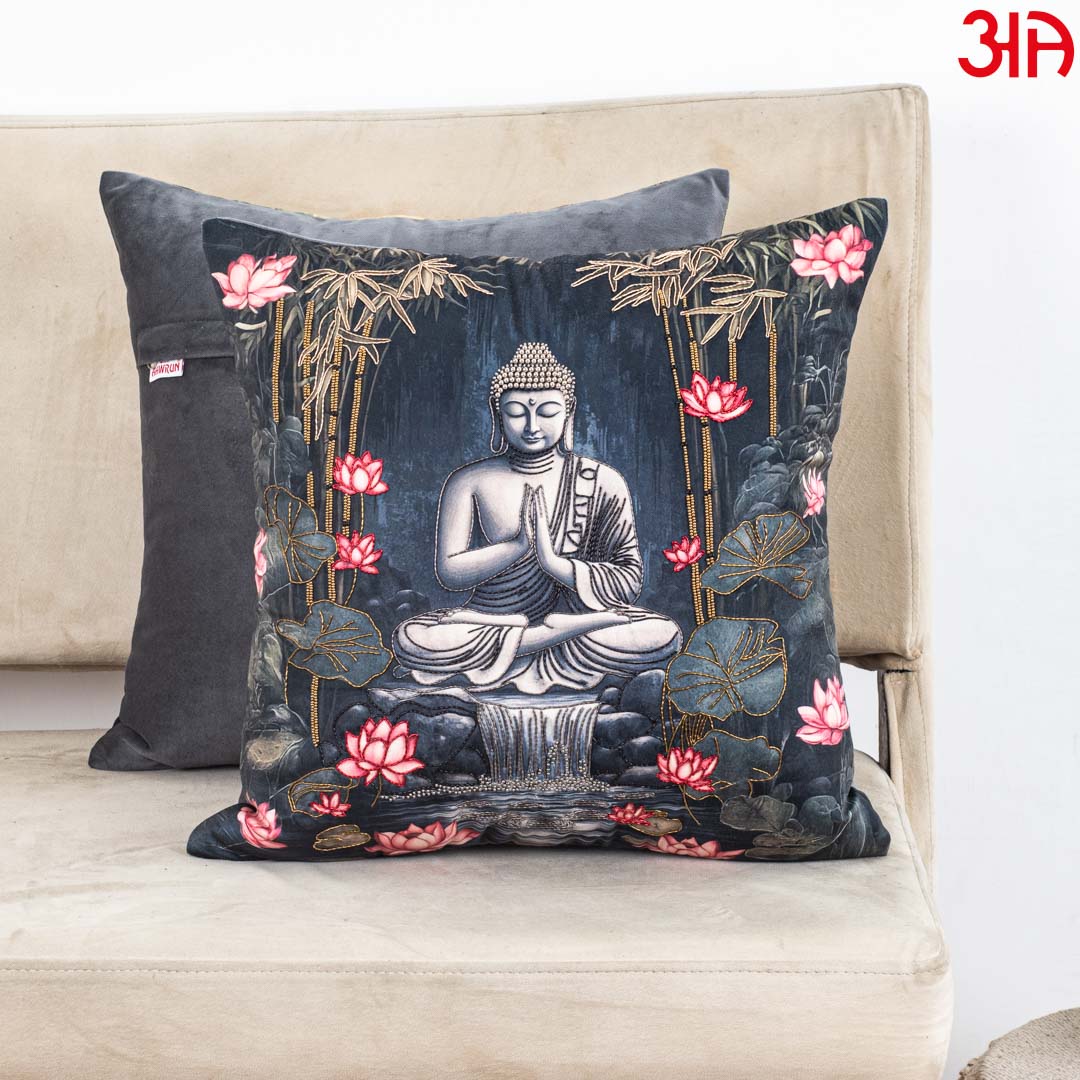 Decorative Buddha Print Cushion Cover – 16 x 16 Inch-Grey & Black Polyester Velvet Fabric