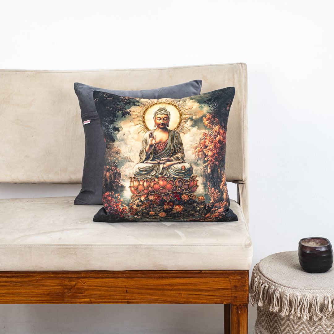Rust Green Buddha Printed Velvet Cushion Cover 16x16 Inch