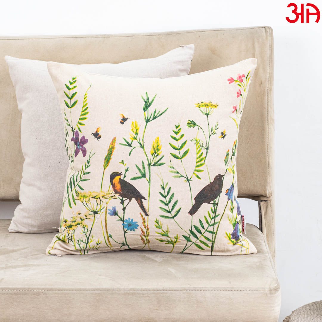 Meadow Song Bird Botanical Cotton Cushion Cover – 16×16″ | Design 1