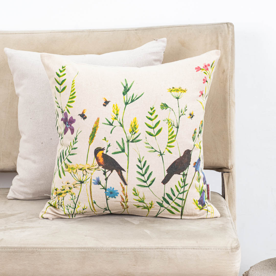 Meadow Song Bird Botanical Cotton Cushion Cover – 16×16″ | Design 1