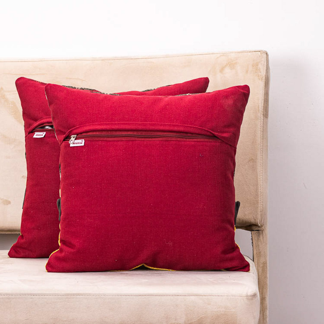 Bohemian Ikat Pattern Cotton Cushion Cover in Maroon and Yellow (16x16")