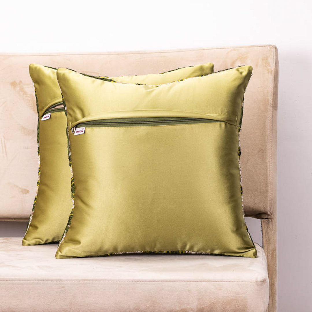 Artistic 16x16" Square Cushion Cover in Green Taffeta & Polyester Jacquard