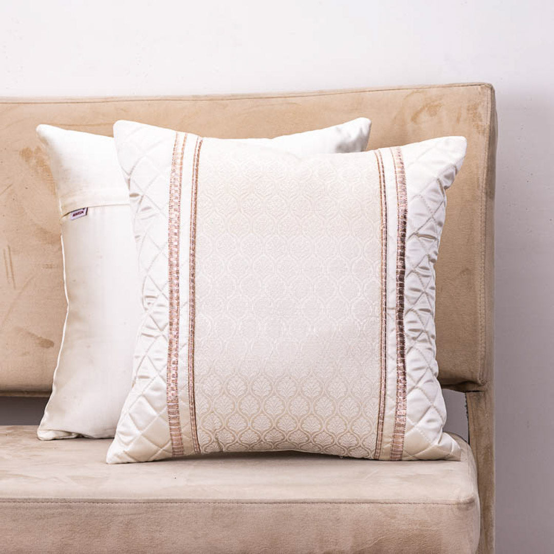 Luxury Cream Satin 16x16 Cushion Cover with Central Jacquard Panel