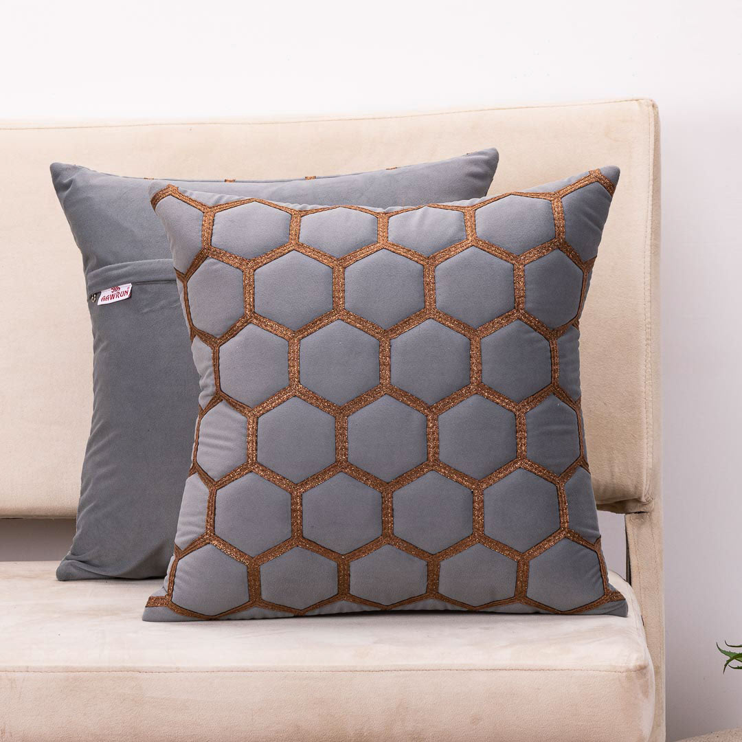 “Hexa-Stitch Grey Velvet Cushion Cover – 16x16 Inch Stylish Home Décor”