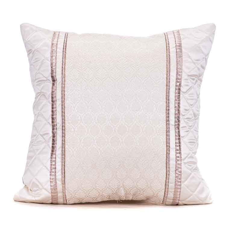 Luxury Cream Satin 16x16 Cushion Cover with Central Jacquard Panel