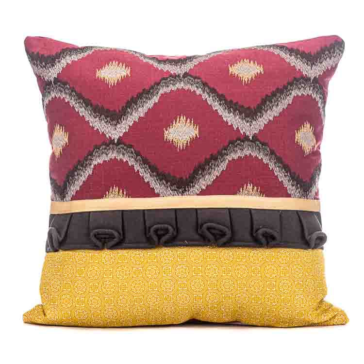 Bohemian Ikat Pattern Cotton Cushion Cover in Maroon and Yellow (16x16")