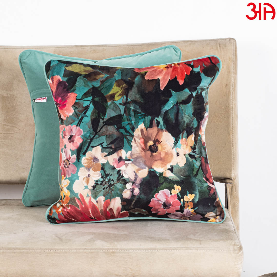 Botanical Bloom Velvet Cushion Cover – 16×16″