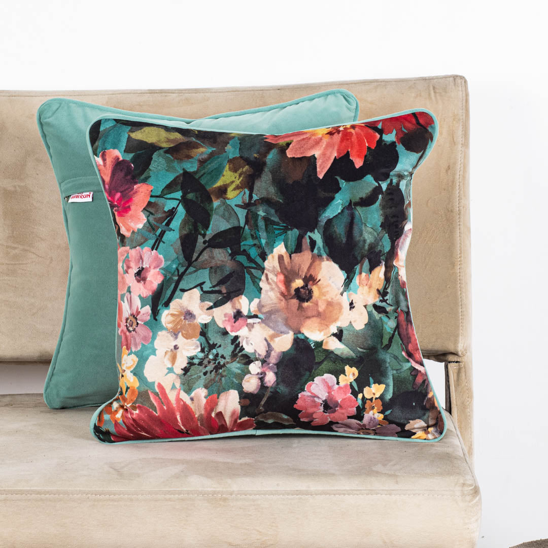 Botanical Bloom Velvet Cushion Cover – 16×16″