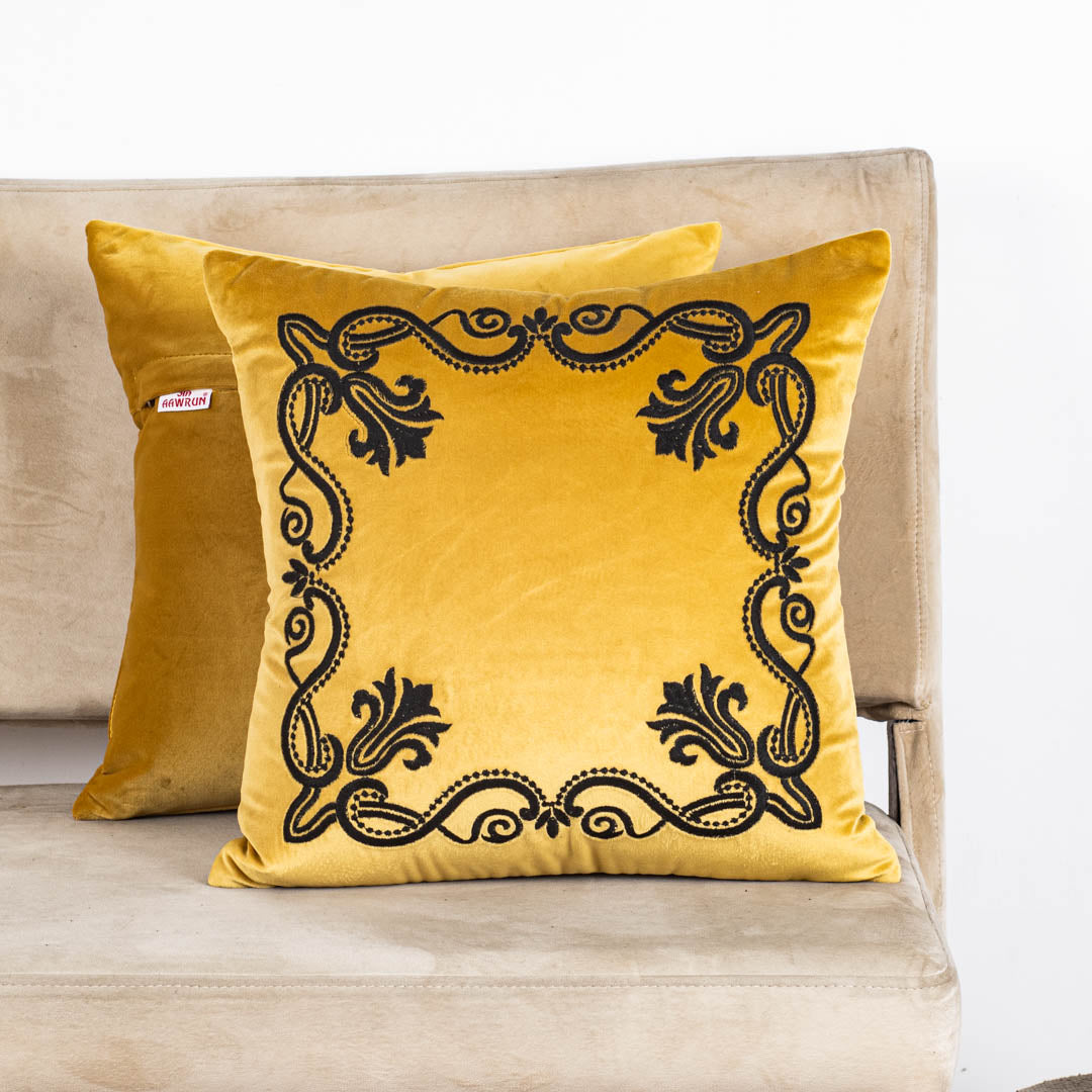 Yellow Heritage Frame Embroidered Velvet Cushion Cover – 16×16″
