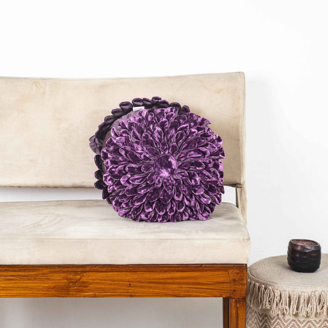 Purple Floral Velvet Round Cushion Cover