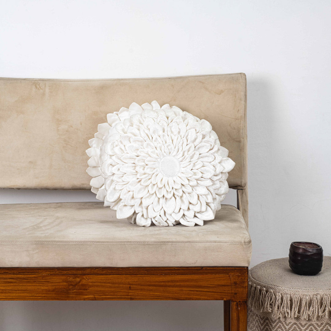 White Floral Velvet Round Cushion Cover
