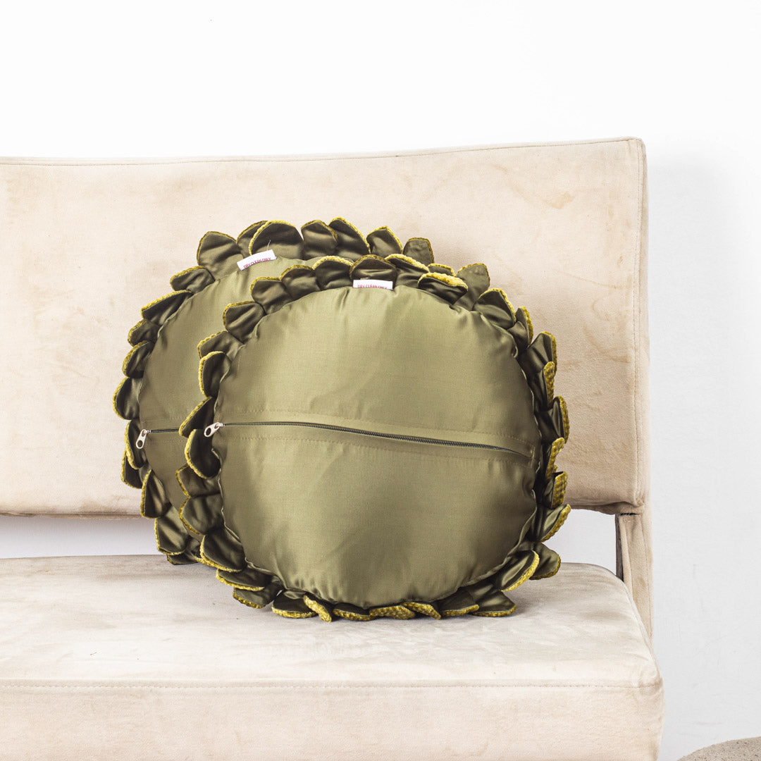 Olive Green Floral Velvet Round Cushion Cover