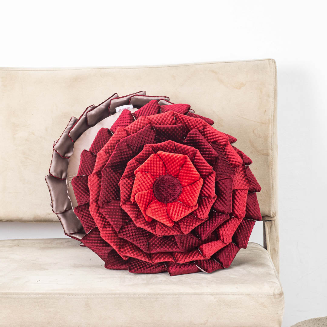 Red Floral Velvet Round Cushion Cover