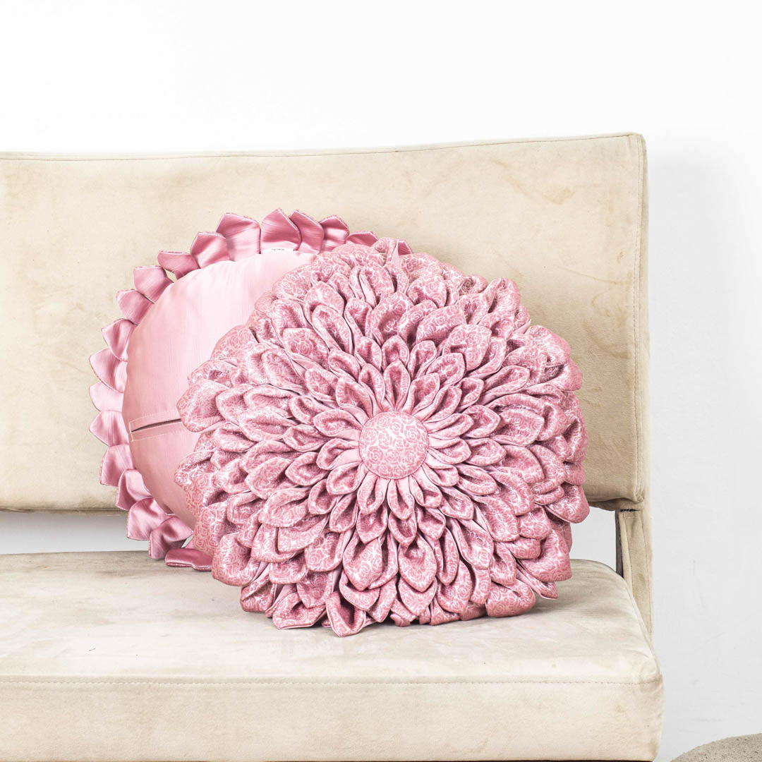 Pink Floral Velvet Round Cushion Cover