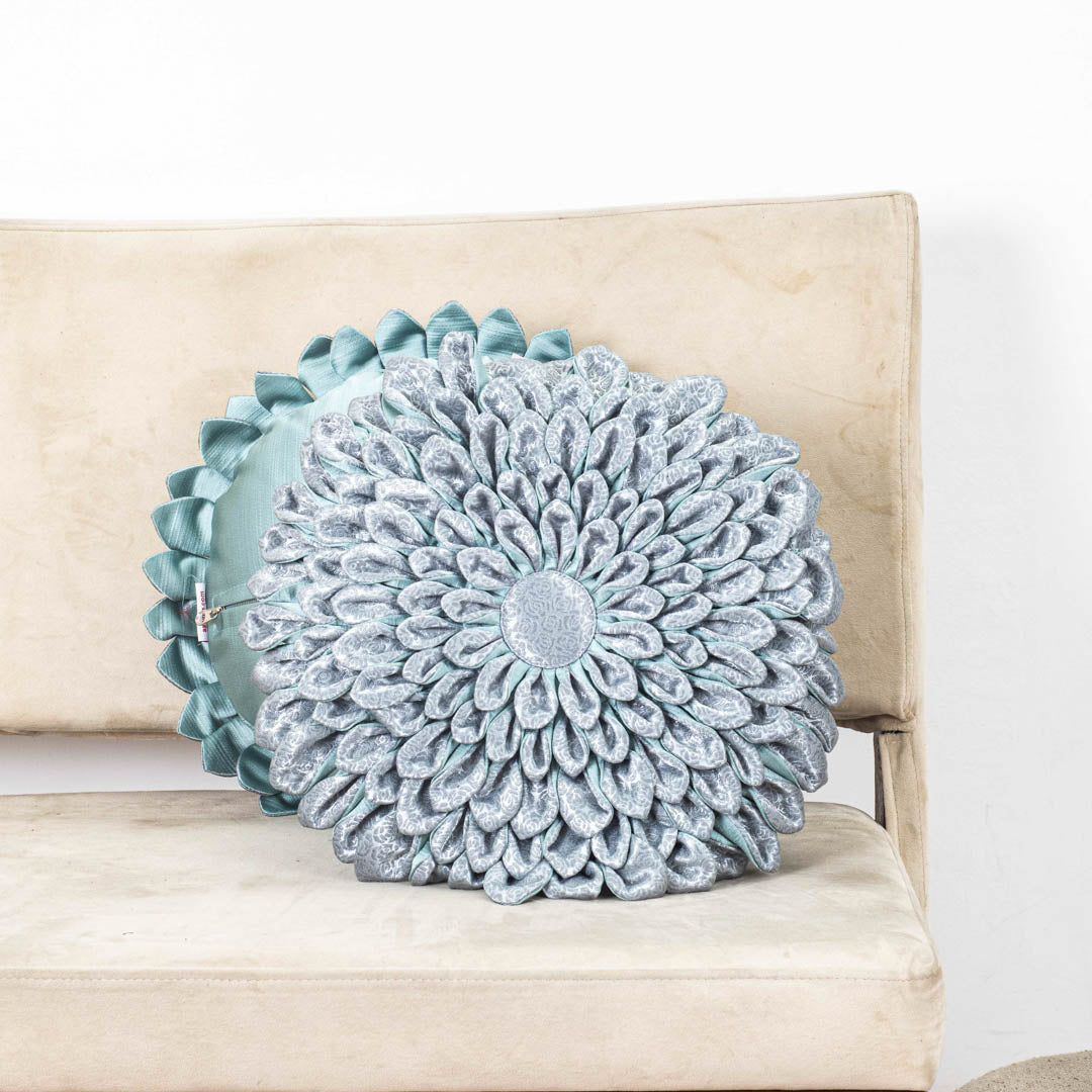Light Blue Floral Velvet Round Cushion Cover
