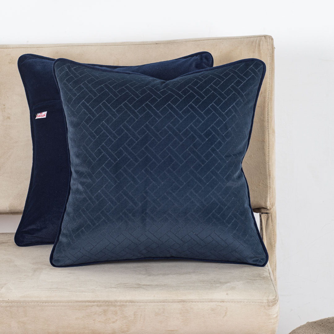 Navy Blue Chevron Weave Velvet Cushion – 16 × 16 in