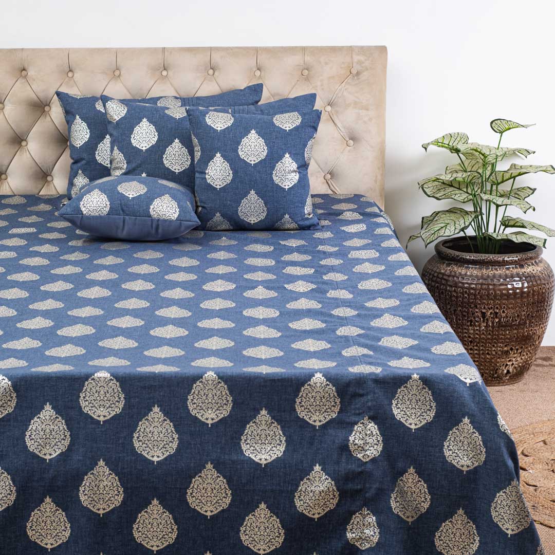 Blue & Silver Floral Motif Polyester Jacquard Bedspread – 100 x 108 Inch