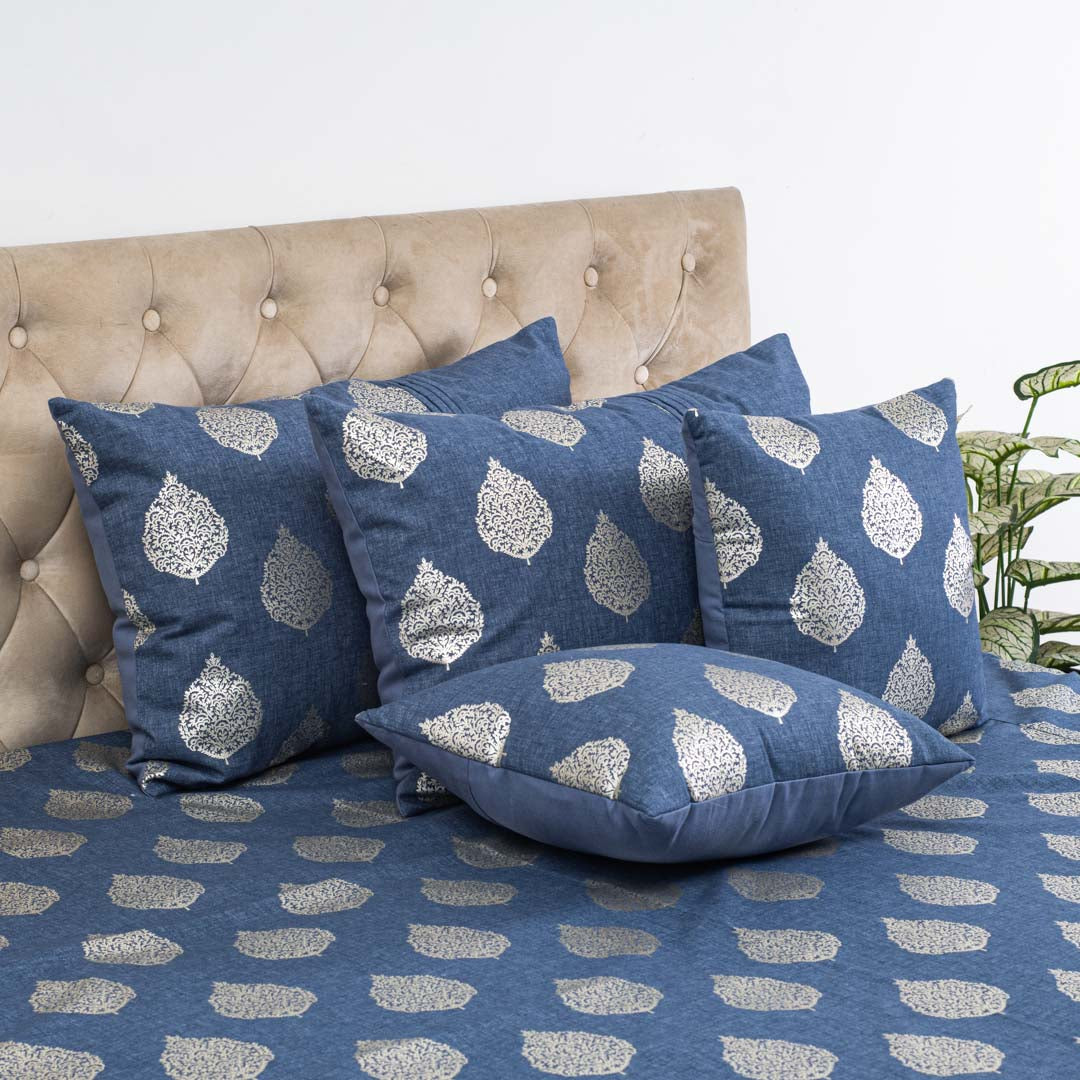 Blue & Silver Floral Motif Polyester Jacquard Bedspread – 100 x 108 Inch