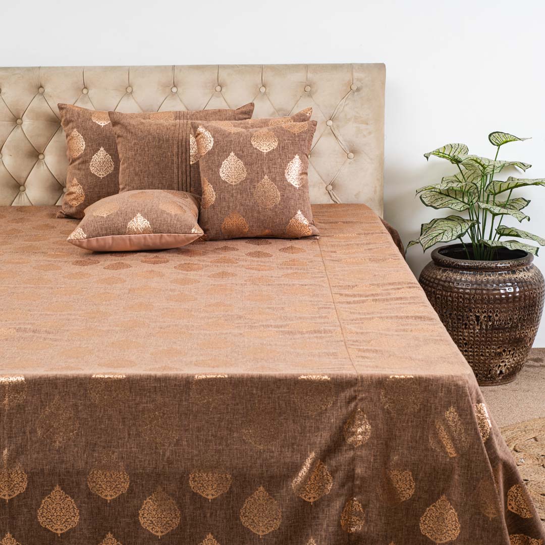 Brown & Copper Floral Motif Polyester Jacquard Bedspread – 100 x 108 Inch