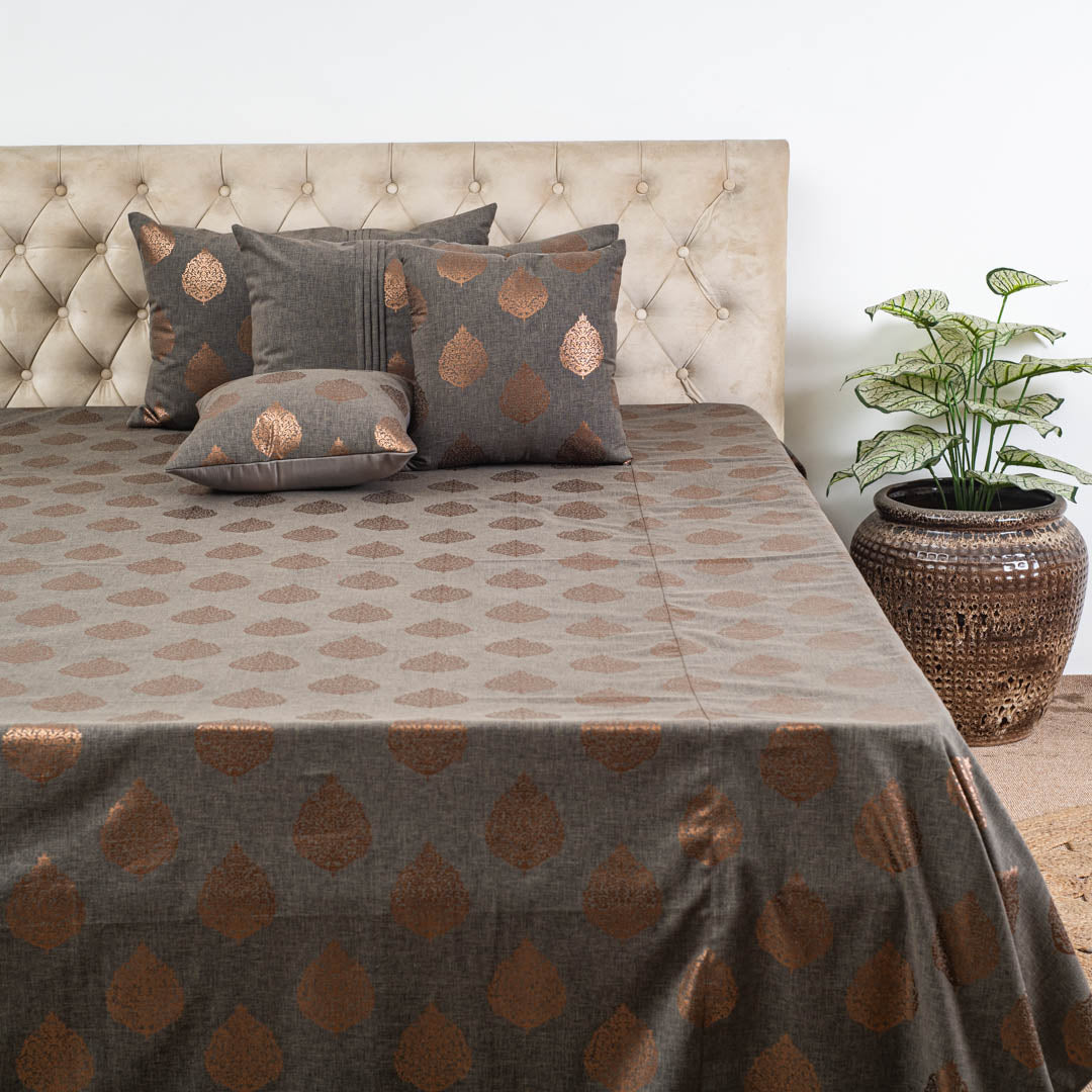 Grey & Copper Floral Motif Polyester Jacquard Bedspread – 100 x 108 Inch