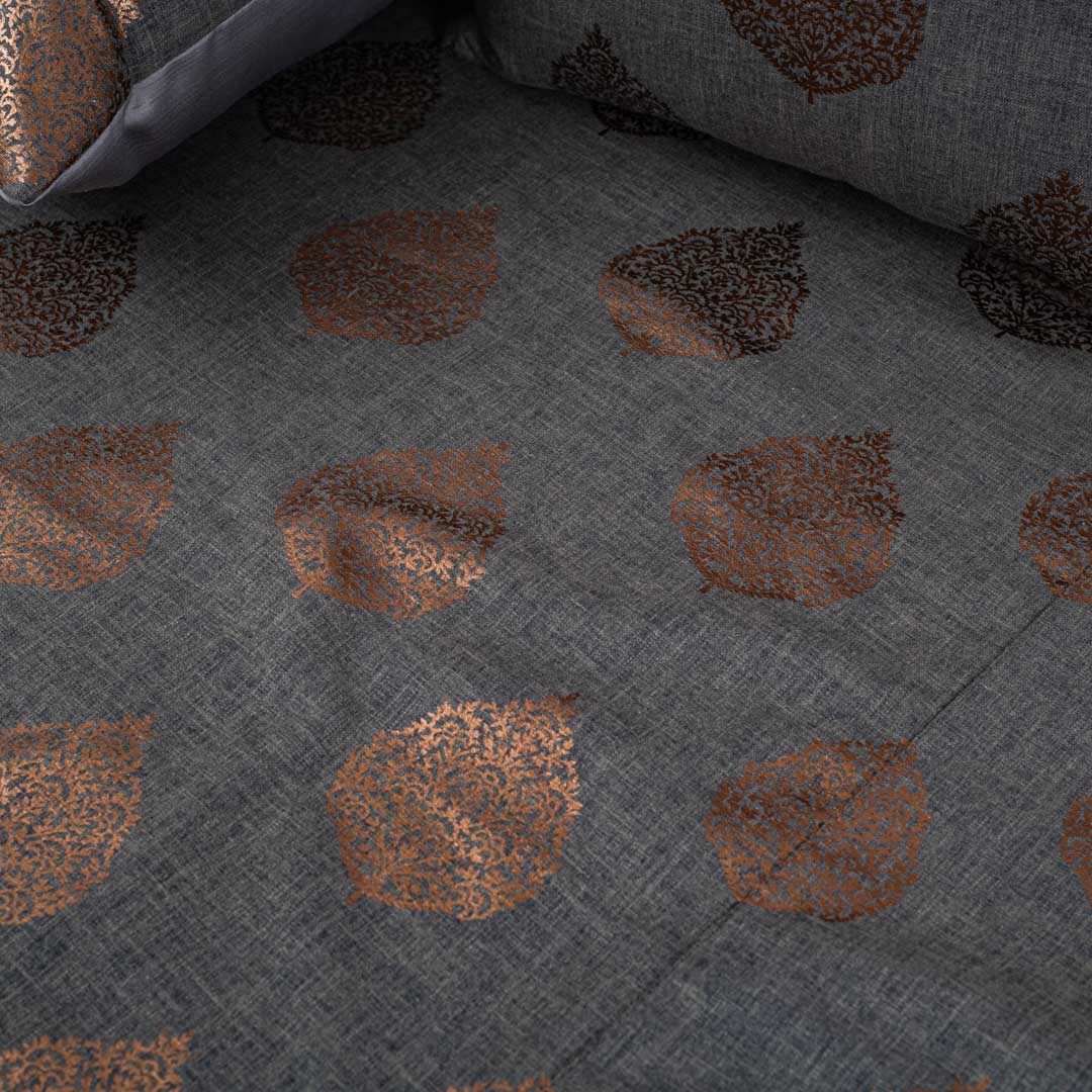 Grey & Copper Floral Motif Polyester Jacquard Bedspread – 100 x 108 Inch