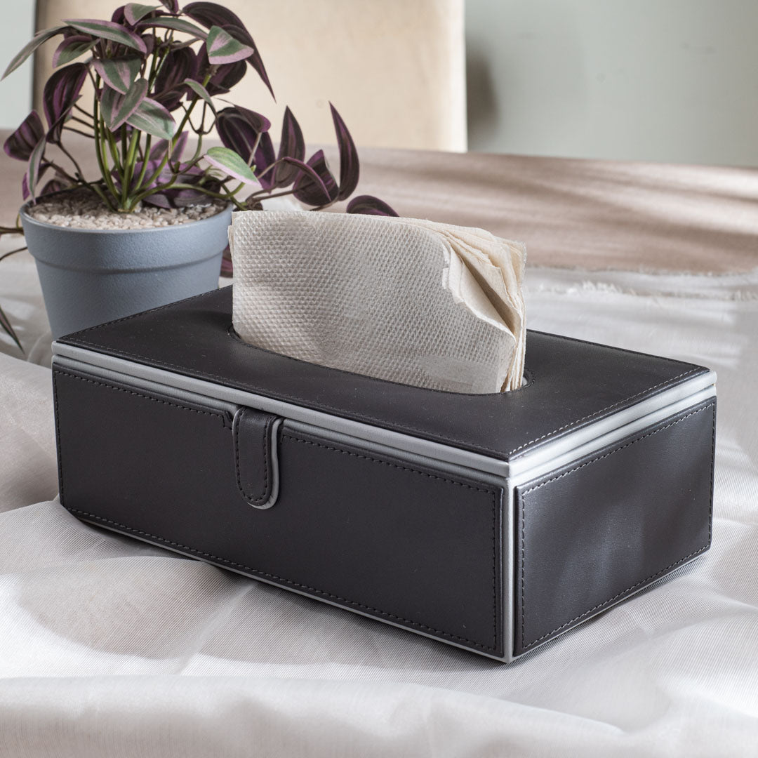 Black Vegan Leather Tissue Box Holder – 24 × 14 × 8 cm