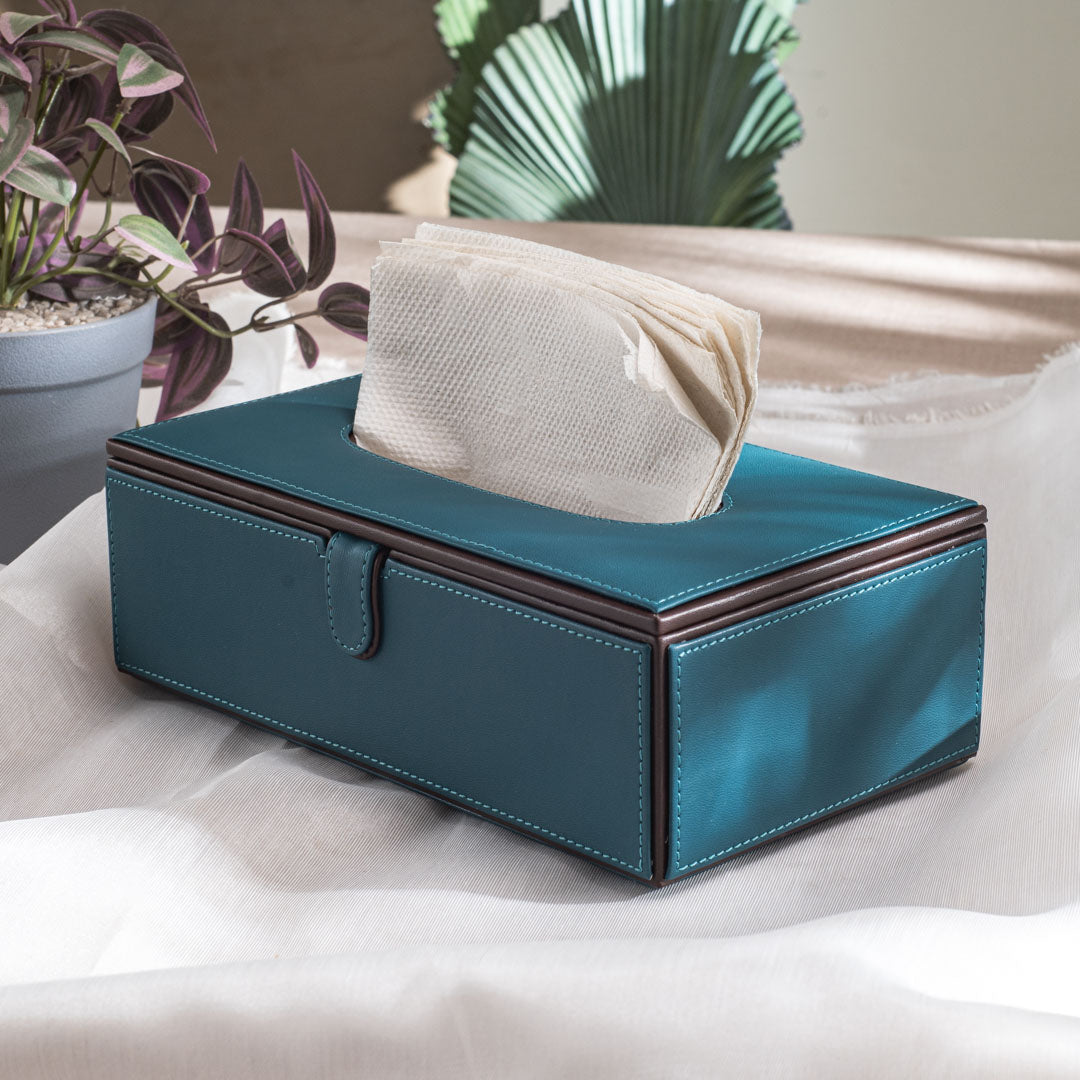 Teal Vegan Leather Tissue Box Holder – 24 × 14 × 8 cm