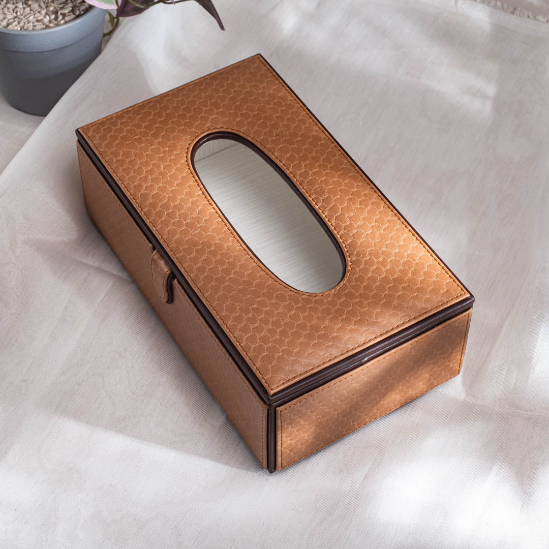 Textured Light Brown Vegan Leather Tissue Box Holder – 24 × 14 × 8 cm